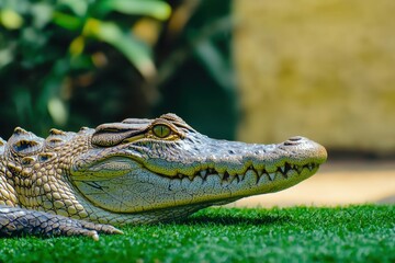 Obraz premium A close-up of a Nile crocodile basking on the riverbank with its mouth slightly open
