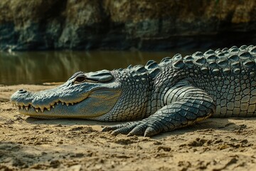 Fototapeta premium A close-up of a Nile crocodile basking on the riverbank with its mouth slightly open