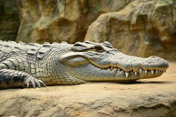 Fototapeta premium A close-up of a Nile crocodile basking on the riverbank with its mouth slightly open
