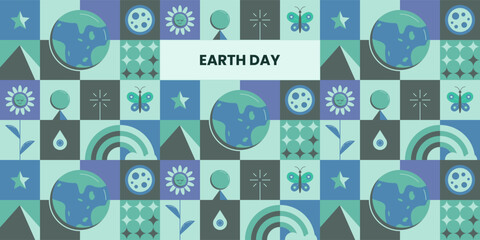 Earth Day geometric pattern design with calm smiley's, globes, flowers, and more. Vector illustration.