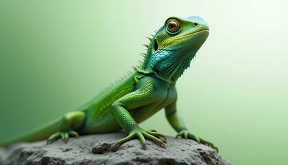 Obraz premium Chinese Water Dragon - _Physignathus cocincinus_ - A vibrant green and blue lizard with intricate scales, perched on a rock, looking directly at the camera with striking orange eyes. This captivating