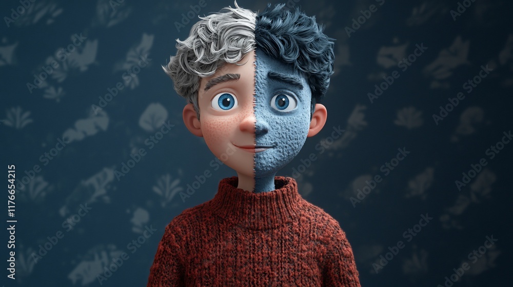 Poster A split-faced character with contrasting colors and expressions, showcasing duality.