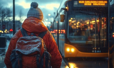 Fototapeta premium Snow-covered person waits for bus in winter.
