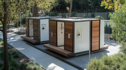 Modern restroom units, outdoors, landscaped setting.