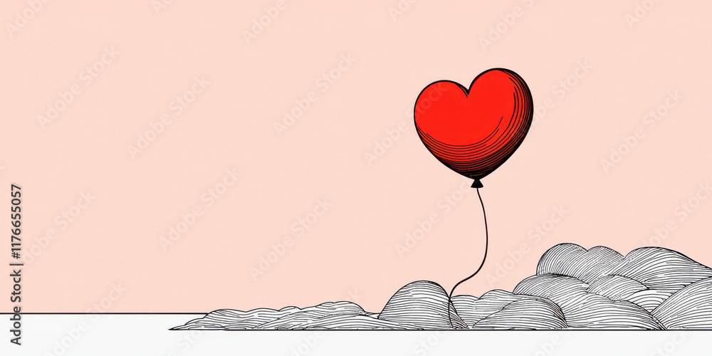 Poster minimalist design with heart balloon floating above soft clouds