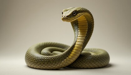 Fototapeta premium Green Cobra - Naja sp. - A captivating image of a green cobra, Naja sp., with its hood slightly raised, showcasing intricate scales and intense gaze directly at the camera. The vibrant green hues and