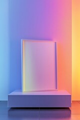 A modern gallery setup featuring a floating blank frame in front of a softly glowing gradient wall in pastel hues