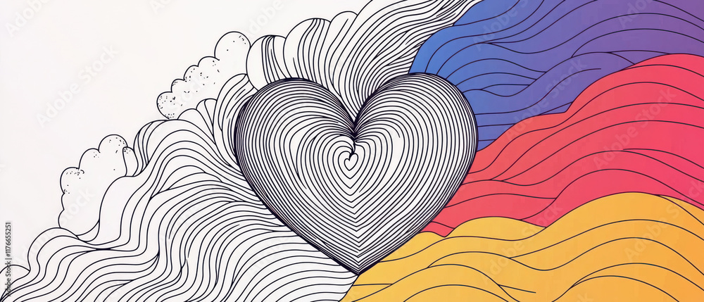 Poster outline of heart with colorful waves and soft pastel gradient background