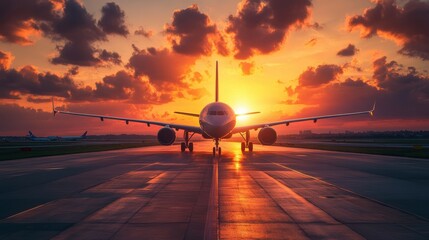 Panoramic View of Airport Runway at Sunset with Vibrant Sky and Airplanes