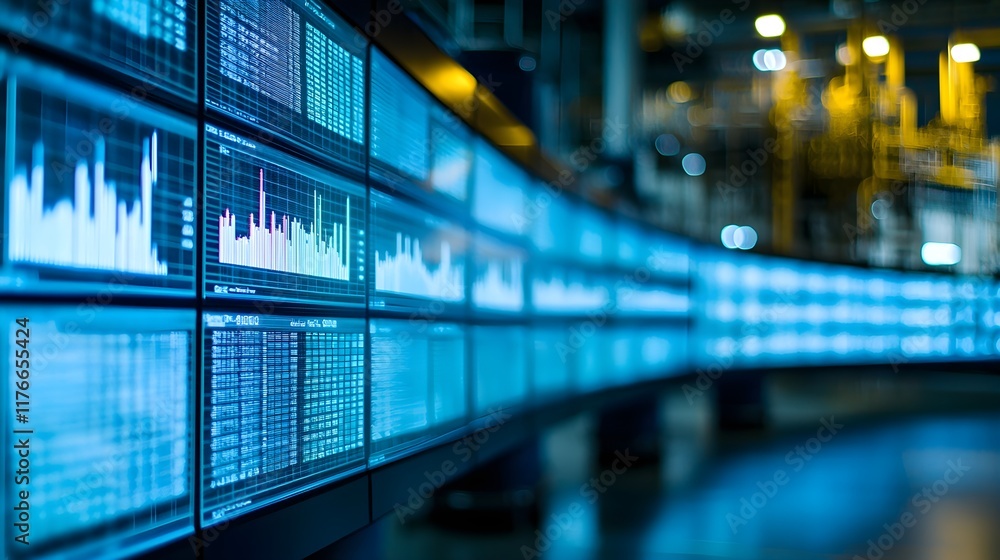 Poster high-tech control room with digital screens displaying data trends