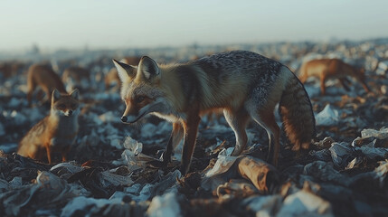 Fototapeta premium A high-resolution National Geographic-style digital photo capturing wildlife amidst waste. A variety of animals, such as birds, foxes, and small mammals