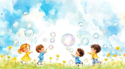 Naklejka premium Springtime inspired relaxation. Children playing with bubbles in a sunny field filled with flowers.