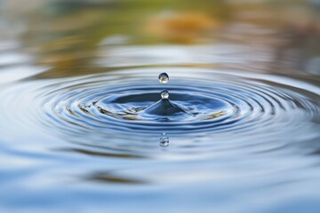Water droplet impacting calm surface, creating concentric ripples.