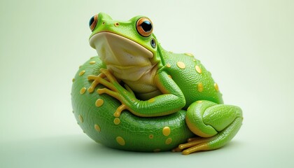 Obraz premium Green Tree Frog - Litoria caerulea - A vibrant green tree frog with yellow spots and striking orange eyes sits relaxed on a matching green orb, looking directly at the camera. Its smooth skin and deta