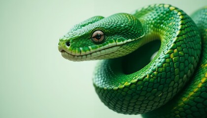 Fototapeta premium Green Tree Python (Morelia viridis) - A vibrant, emerald green snake with striking scales, coiled elegantly on a pale green isolated background. Its captivating gaze is directly at the camera, showca