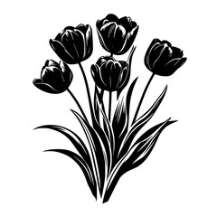 Black and White Tulip Bouquet Illustration, A detailed black and white illustration of a tulip bouquet with elegant leaves and petals, showcasing a bold and minimalist floral design.

