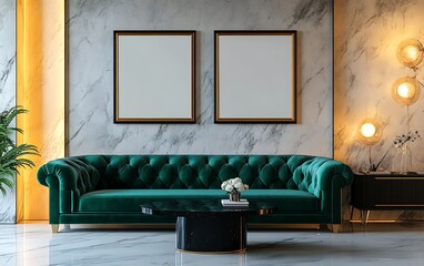 Green velvet sofa, marble wall, gold frames, modern interior design mockup.