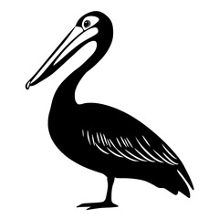 Fototapeta premium Black and White Pelican Silhouette Illustration, A bold black and white silhouette of a pelican with detailed feathers and distinct beak, showcasing a minimalist wildlife design.