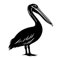 Fototapeta premium Black and White Pelican Silhouette Illustration, A bold black and white silhouette of a pelican with detailed feathers and distinct beak, showcasing a minimalist wildlife design.