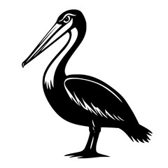 Black and White Pelican Silhouette Illustration, A bold black and white silhouette of a pelican with detailed feathers and distinct beak, showcasing a minimalist wildlife design.

