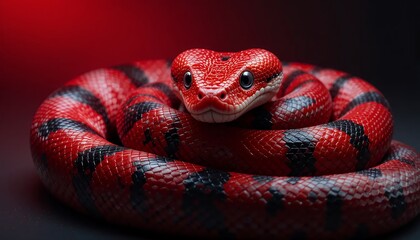 Obraz premium Red Blood Python - Python curtus - A vibrant red and black snake with intricate scales, coiled and gazing intensely at the camera. The reptile's striking color contrasts sharply against the dark back
