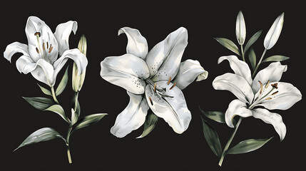 Set of watercolo white lily. Floral bouquet. Isolated on black background. Hand drawn clipart for wedding invitations, birthday stationery, greeting cards, scrapbooking. Watercolor illustration