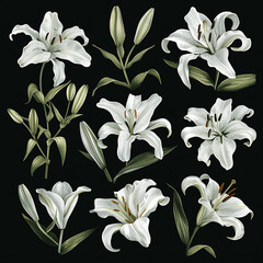 Set of watercolo white lily. Floral bouquet. Isolated on black background. Hand drawn clipart for wedding invitations, birthday stationery, greeting cards, scrapbooking. Watercolor illustration