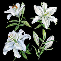 Set of watercolo white lily. Floral bouquet. Isolated on black background. Hand drawn clipart for wedding invitations, birthday stationery, greeting cards, scrapbooking. Watercolor illustration