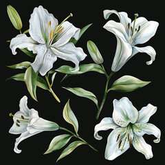 Set of watercolo white lily. Floral bouquet. Isolated on black background. Hand drawn clipart for wedding invitations, birthday stationery, greeting cards, scrapbooking. Watercolor illustration