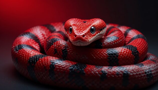 Red Blood Python - Python curtus - A vibrant red and black snake with intricate scales, coiled and gazing intensely at the camera.  The reptile's striking color contrasts sharply against the dark back