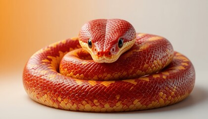 Obraz premium Red Corn Snake - Pantherophis guttatus - A vibrant red corn snake with intricate patterns and bright orange highlights is coiled elegantly, its captivating eyes looking directly at the camera. The rep