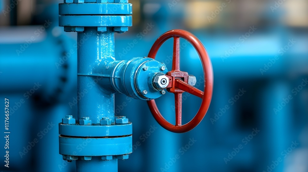 Poster industrial valve control with red handle on blue pipeline system