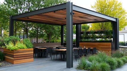 Fototapeta premium Modern outdoor patio, metal structure, wooden tables, chairs, greenery.
