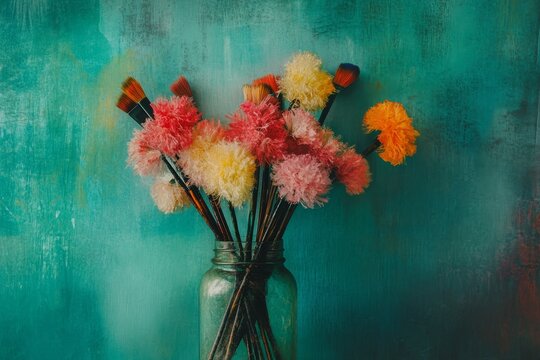 Paintbrushes arranged as flowers in a mason jar against a teal wall.