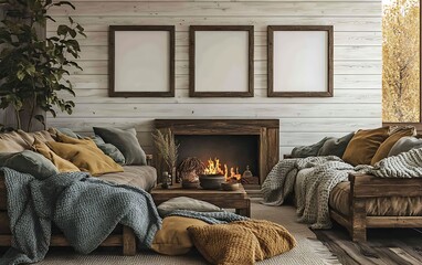 Cozy rustic living room with fireplace, fall decor, and blank frames for mockup.
