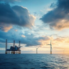 Oil rig and wind turbines in a tranquil sea at sunset, symbolizing the blend of traditional energy sources and renewable energy transitions in modern industry