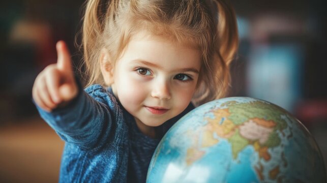 Early education. Little girl pointing to world globe
