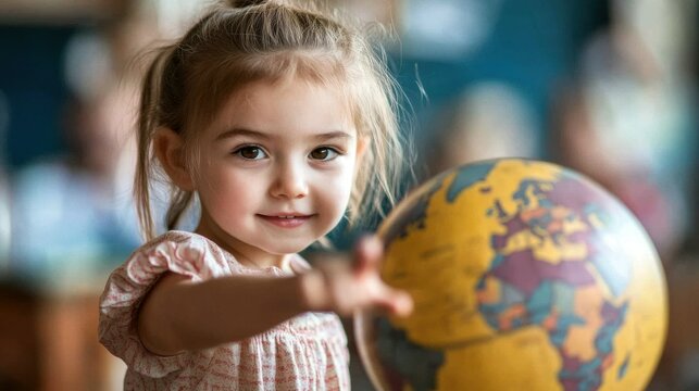 Early education. Little girl pointing to world globe