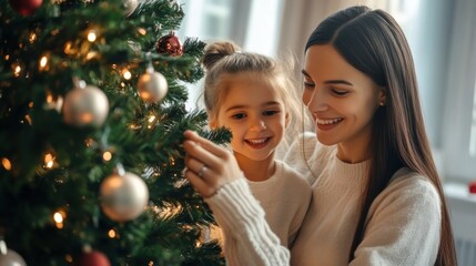 Festive mother and daughter decorating Christmas tree at home