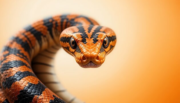 Sonoran Desert Kingsnake - Lampropeltis pyromelana - A striking orange and black banded snake with a blunt head and intense gaze, coiled and facing the camera directly, showcasing its vibrant colors a