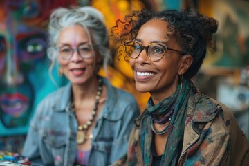 Fototapeta premium Two women with unique hairstyles and glasses smile in an artistic setting filled with vibrant colors and abstract art.