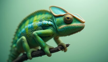 Fototapeta premium Veiled Chameleon - Chamaeleo calyptratus - A vibrant green veiled chameleon with intricate scale patterns and a distinctive casque, perched on a branch, looking directly at the camera. Its bright, ca