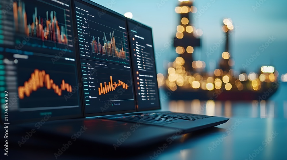 Poster modern data analysis interface with charts and industrial background
