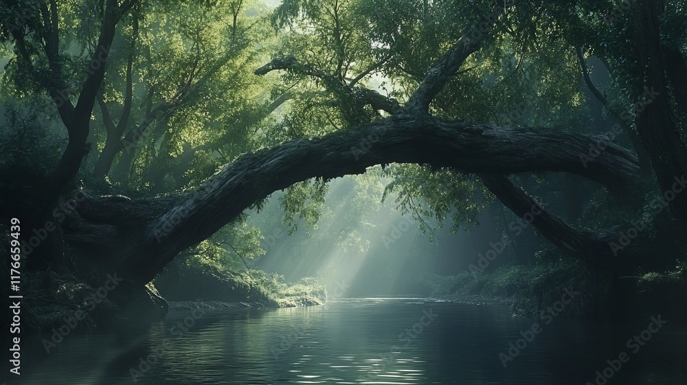 Poster a serene forest scene with a river and an arching tree, illuminated by soft sunlight.