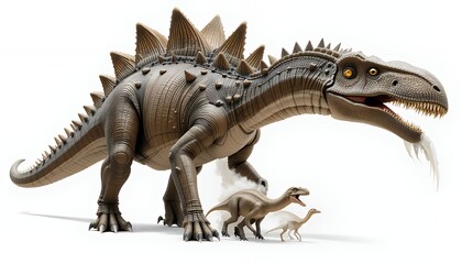 Fototapeta premium A large adult dinosaur with two smaller offspring, against a white background. Detailed 3D rendering of a prehistoric reptile family, showcasing realistic textures and anatomical details. The scene d