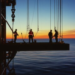 Workers Conducting Maintenance on an Offshore Oil Rig at Sunset Over the Calm Ocean with Silhouetted Figures Against a Vivid Sky