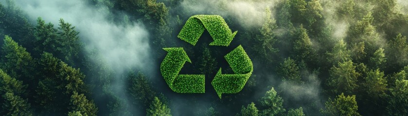 ** Lush Green Forest with Eco-Friendly Recycling Symbol Amidst Misty Trees Promoting Environmental Conservation and Sustainability..**