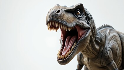 Close-up of a Tyrannosaurus Rex Roar, Prehistoric Reptile, Powerful Predator, Paleontology, Extinct Animal, Detailed Portrait, White Background