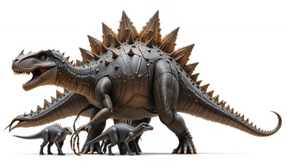 Fototapeta premium Detailed 3D Render of Stegosaurus with Young: Prehistoric Reptile Family