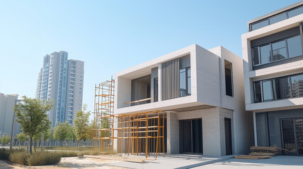 Fototapeta premium Modern house project surrounded by urban construction contrast